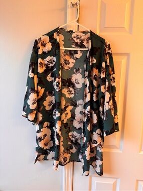 Floral Open-Front Blouse - Green, White, Black